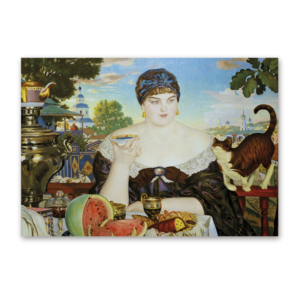 Postcard Kaufmannsfrau beim Tee, Boris Kustodijew